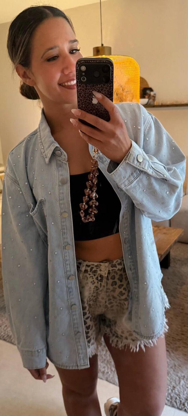 Denim blouse - parels & strassteentjes