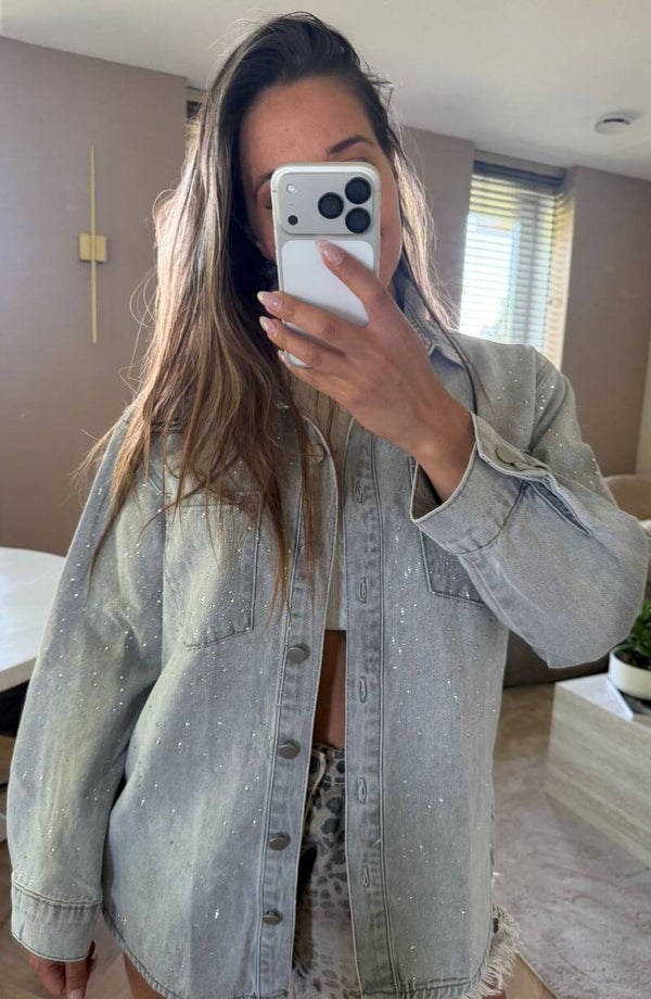 Denim blouse - Grey met strassteentjes