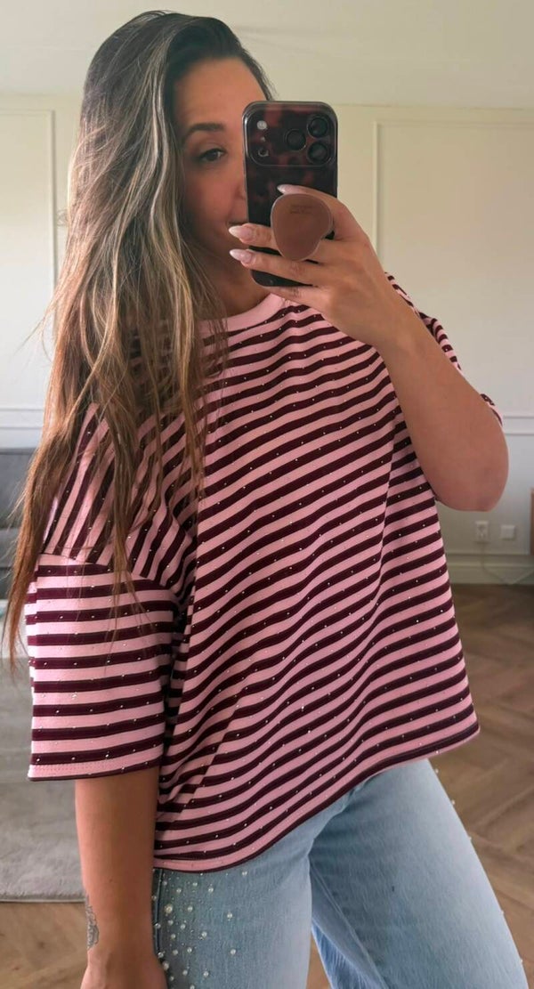 Stripe strass shortsleeve - roze/bordeauxrood