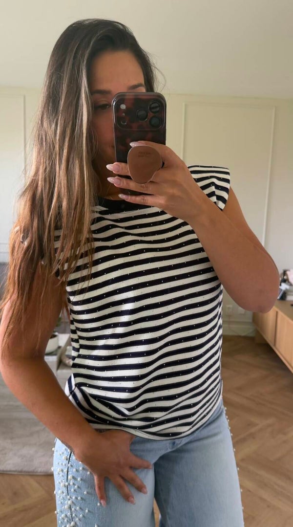 Shoulder top strass - wit/donkerblauw