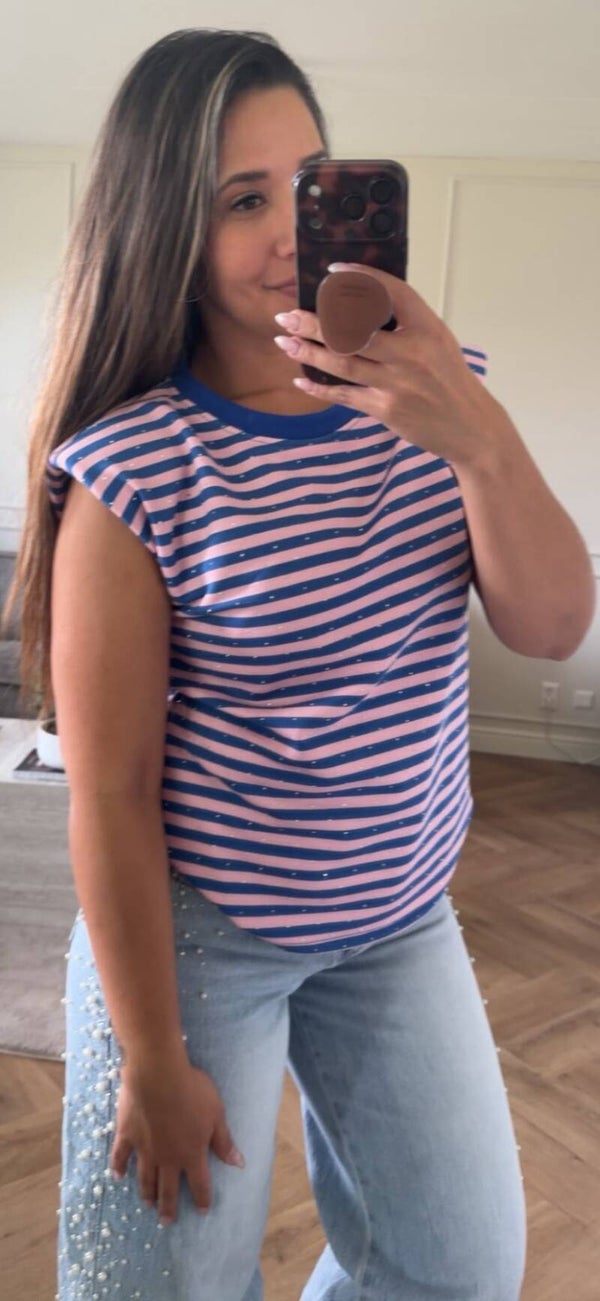 Shoulder top strass - Blauw/Roze