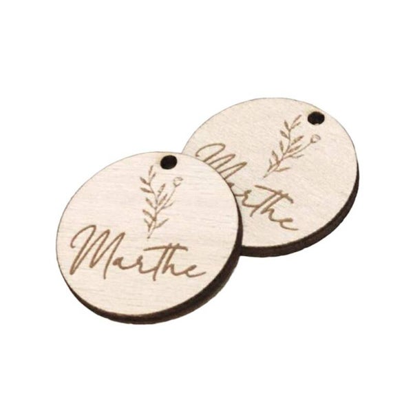 houten label rond + gravure /20st.