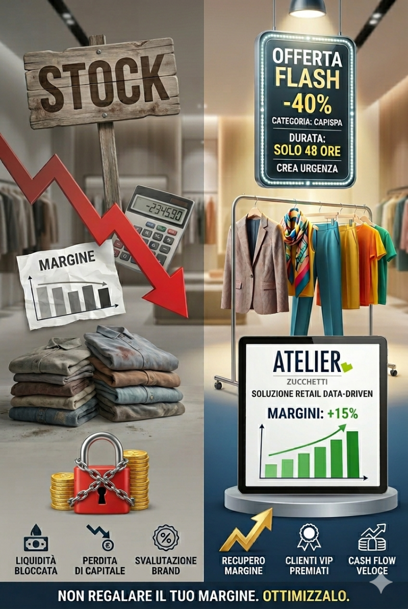 Basta svendere lo stock di fine stagione sotto costo! Scopri come le Flash Offer e il software Atelier Zucchetti possono salvare i margini della tua boutique.