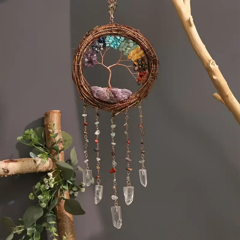 COLGANTE ATRAPASUEÑOS DEL ÁRBOL DE LA VIDA CON 7 CHAKRAS Y CUARZO