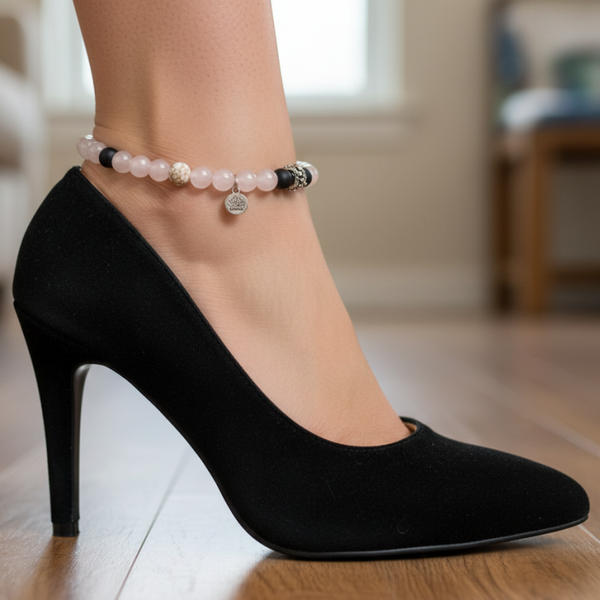 TOBILLERA CUARZO ROSA Y ABALORIO