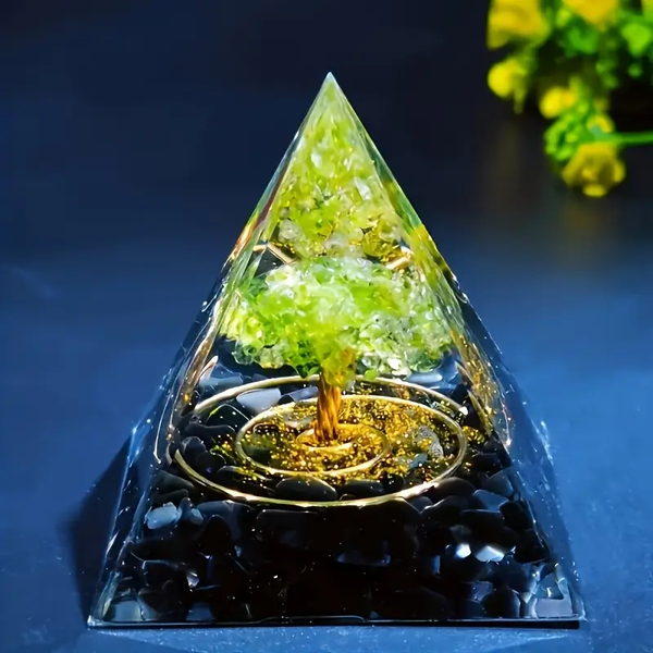 PIRÁMIDE ORGONITA CON ÁRBOL DE LA VIDA, OBSIDIANA Y PERIDOTO