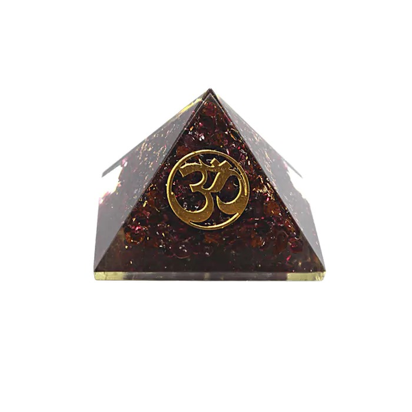 PIRÁMIDE ORGONITA DE GRANATE CON SÍMBOLO OM