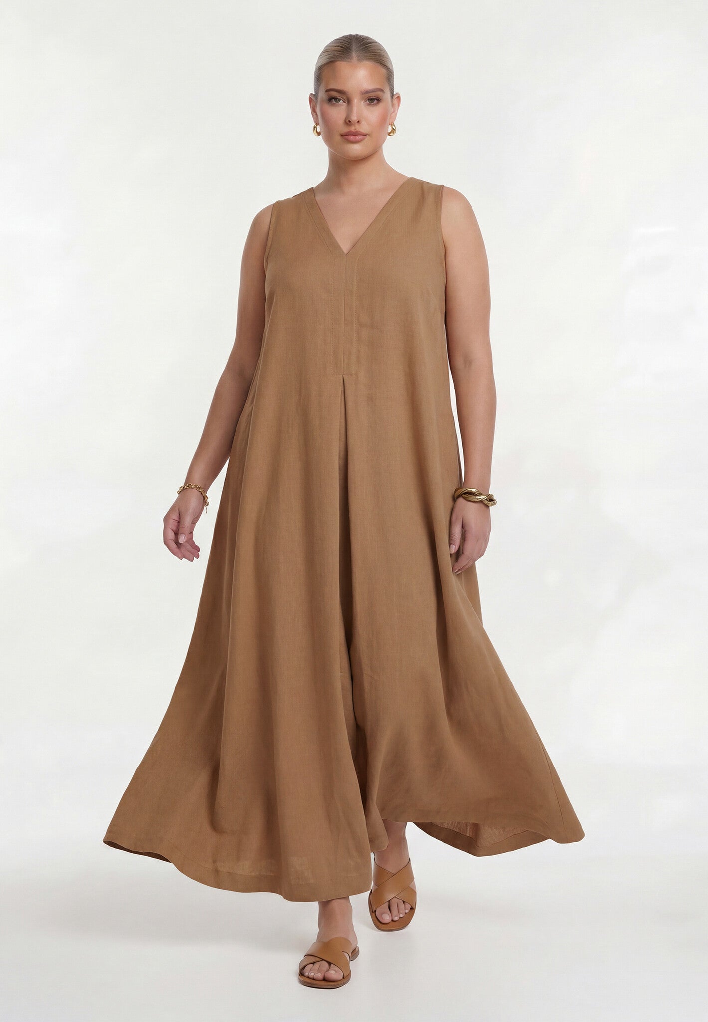 Yoek Dress Swing Linnen Sand
