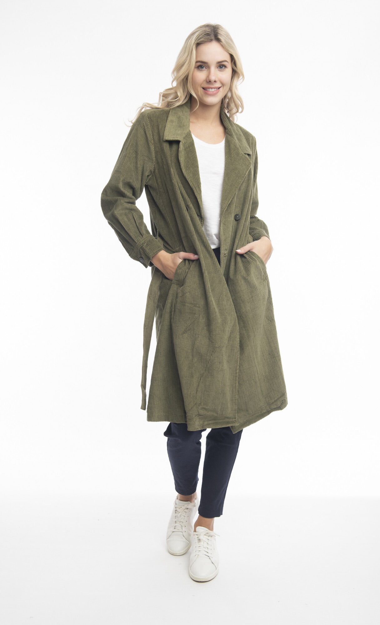 Orientique Cord Solids Trench Olive 22910