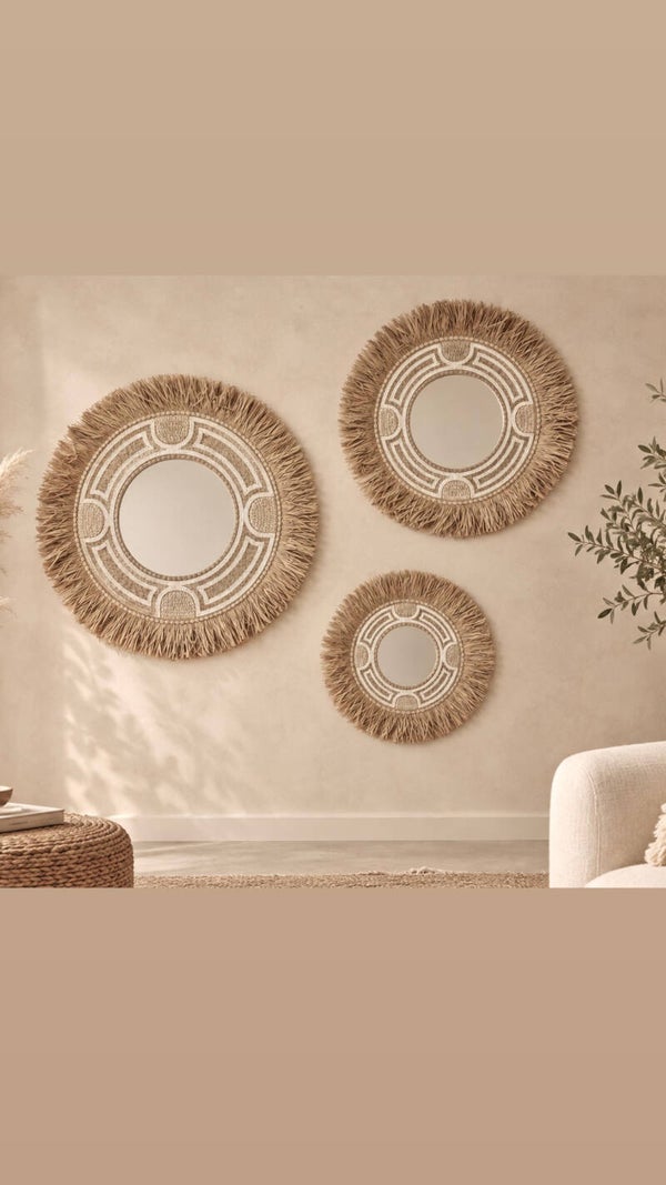Spiegel raffia beige wit