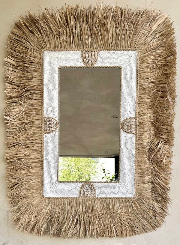 Spiegel raffia wit