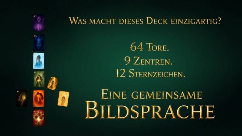 Was macht dieses Kartendeck "64 Tore in Bildern - Human Design intuitiv erleben" einzigartig? 64 Tore. 9 Zentren. 12 Sternzeichen. Eine gemeinsame Bildsprache . 9 Beispielkarten für 9 Zentren   