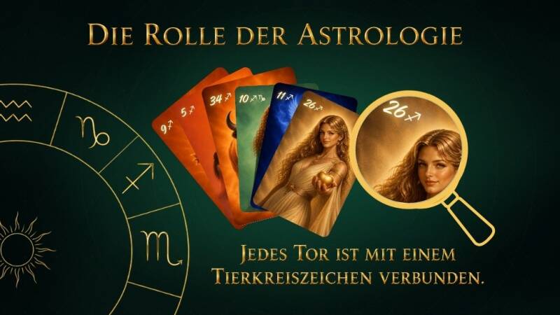 Die Rolle der Astrologie beim Kartendeck "64 Tore in Bildern - Human Design intuitiv erleben". Jedes Tor ist mit einem Tierkreiszeichen verbunden. Sechs Beispielkarten Human Design Tor 26, Tor 11 Tor 10, Tor 34, Tor 5, Tor 9