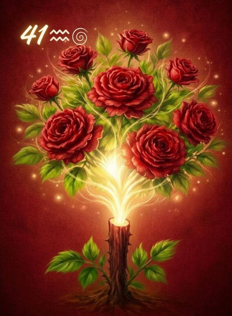 Tor-41-Hoffnungsfrohe-Vorahnung-auf-eine-Entwicklung- Illustration zu Human Design Tor 41 „Die Vorausschauende“: Aus einem Baumstumpf wächst eine strahlende Rosenpflanze mit tiefroten Blüten. Vorstellungskraft neuer Anfänge 
