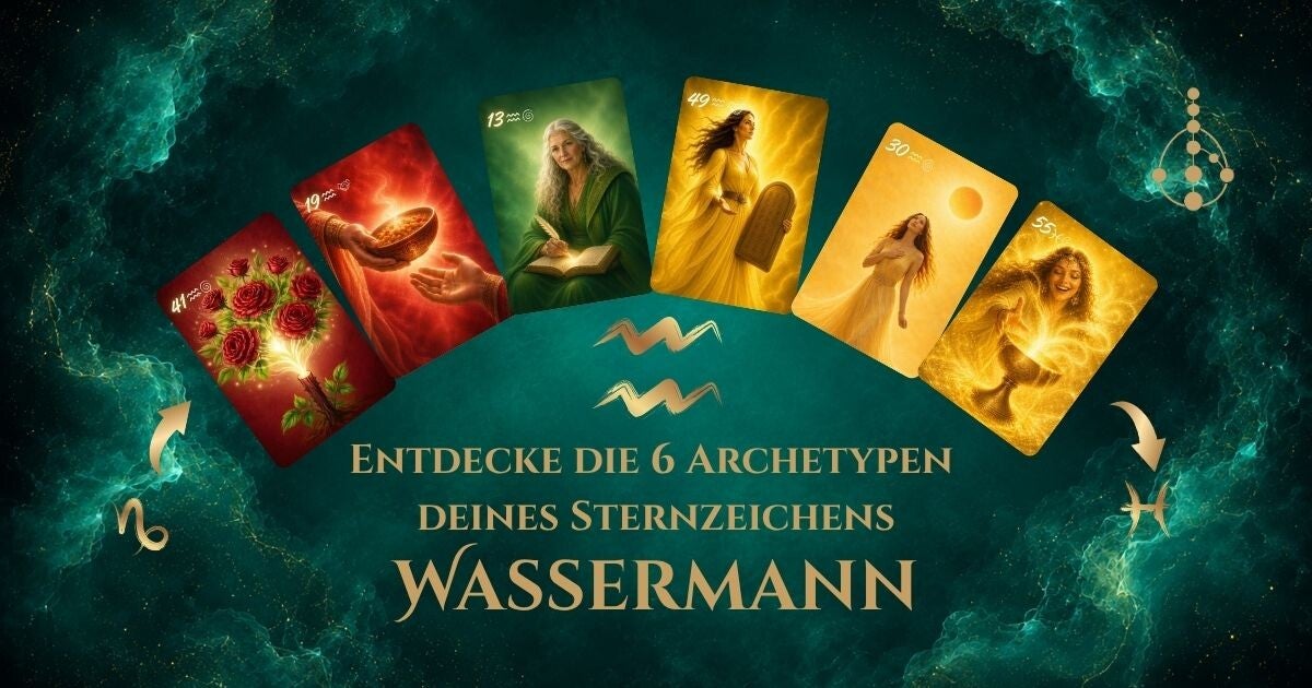 Illustration des Sternzeichens Wassermann mit sechs Human-Design-Archetypen. Die Karten zeigen die Tore 41, 19, 13, 49, 30 und 55 als mystische Figuren. Das Bild verbindet Astrologie mit Human Design und erklärt die sechs Tore des Wassermanns.