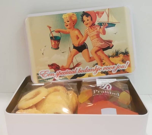 Blikken doos " Een speciaal bedankje voor jou" gevuld met koekjes en snoepjes