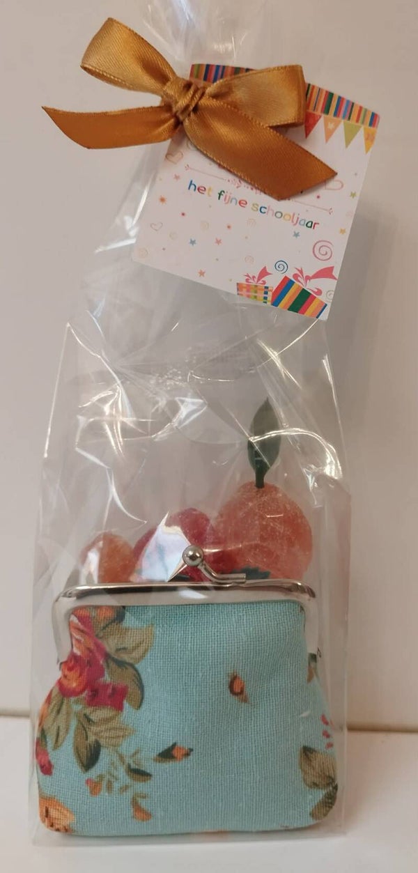 Geldbeugeltje blauw met fruitsnoepjes