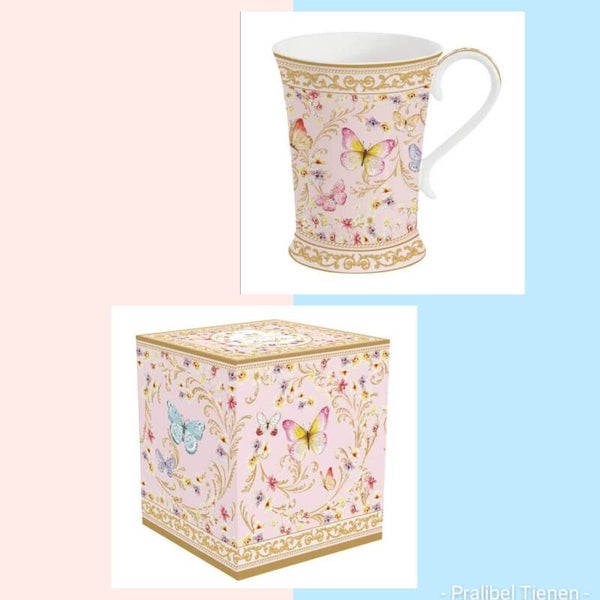 Geschenkdoos met 1 porseleinen tas gedecoreerd met vlinders en bloemen