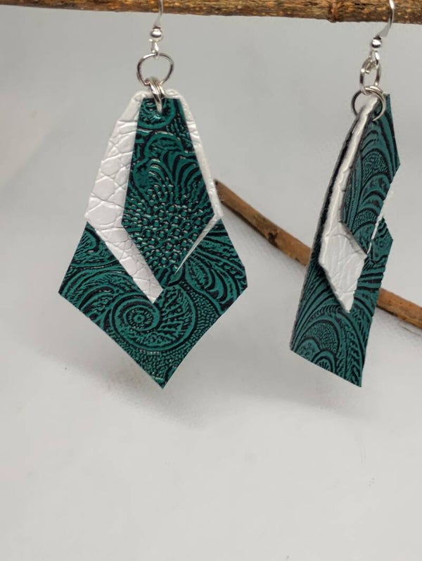 Green & White Diamond Shaped Layered Earrings