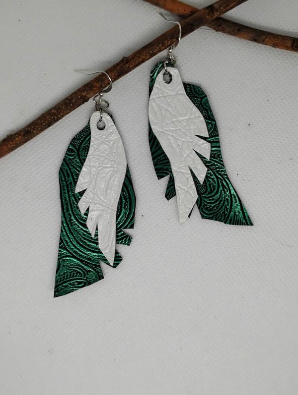Green & White Fringed Winged Earrings