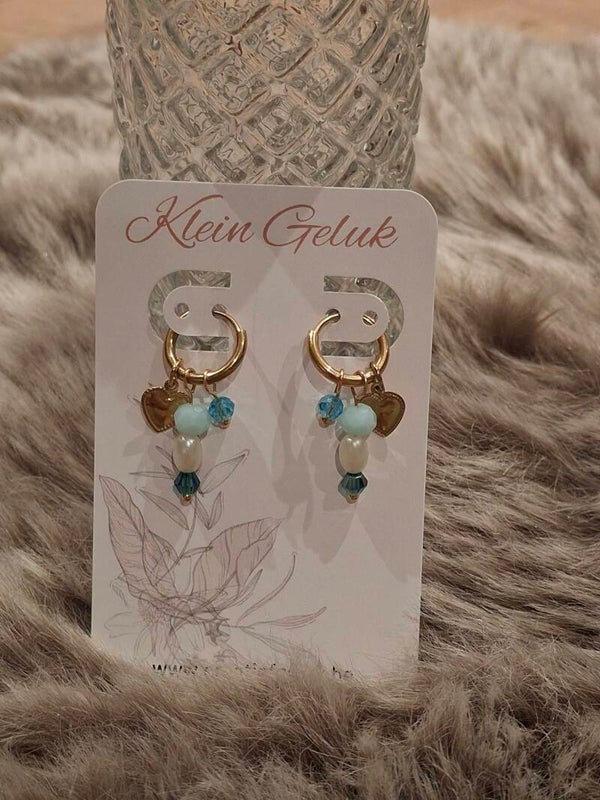 Stainless steel vergulde oorbellen met 3 bedels, blauw