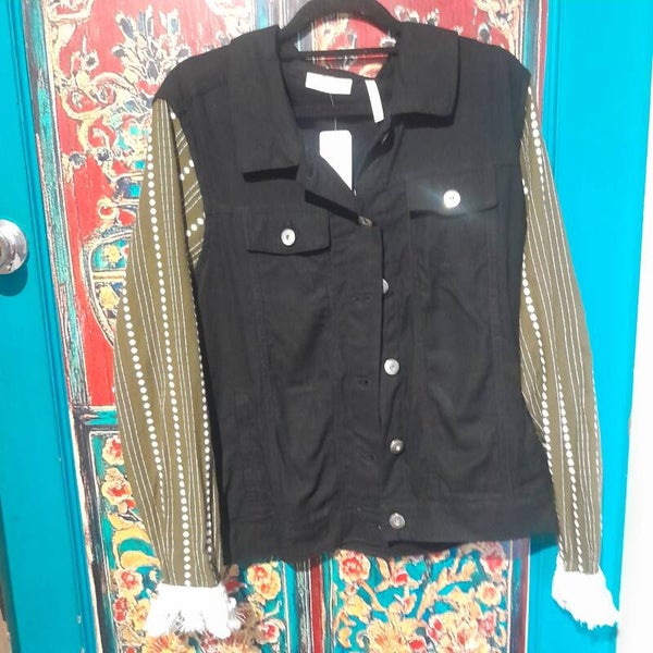 upcycled black linen blend millers jacket, size 12