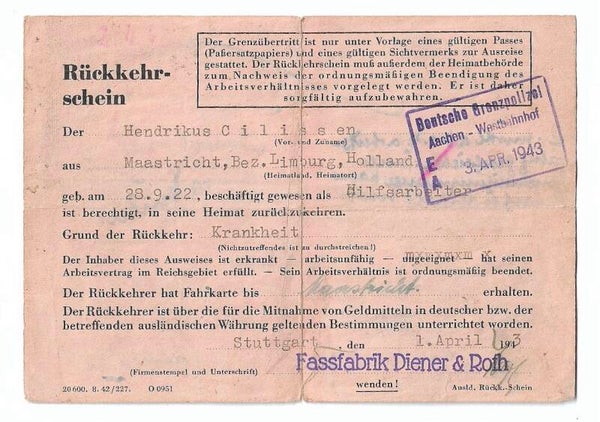 German return card for Dutch worker Maastricht 1943