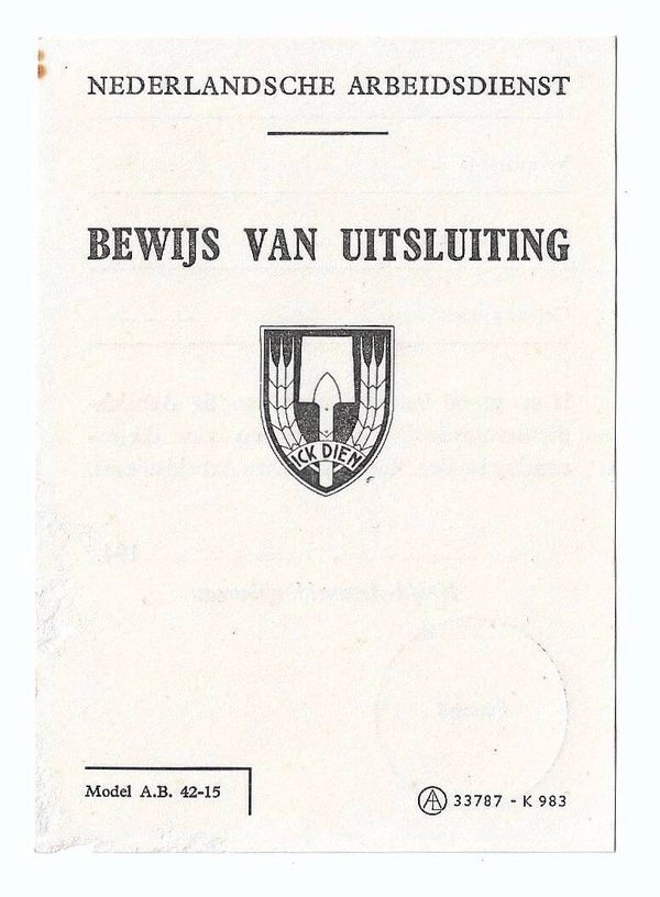 Dutch NAD "Certificate of Exclusion" 1942 Blank