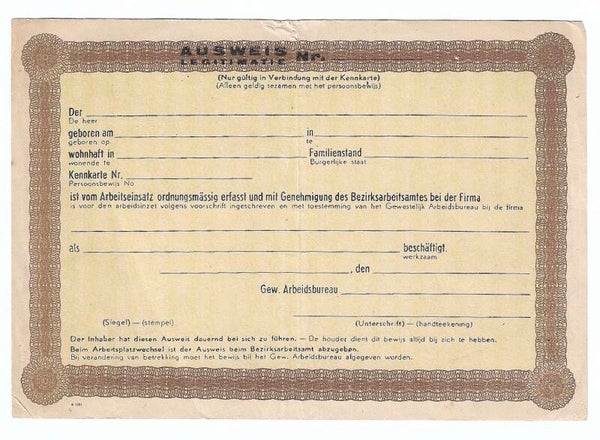 Dutch Ausweis registration certificate for the Arbeitseinsatz