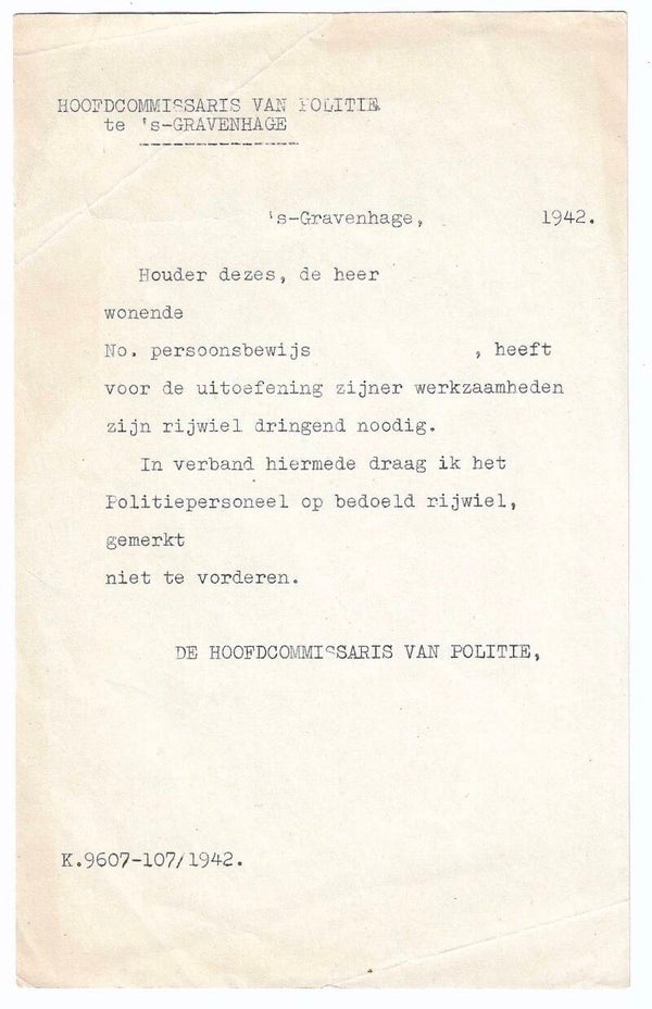 Dutch document regarding the bicycle requisition The Hague 1942