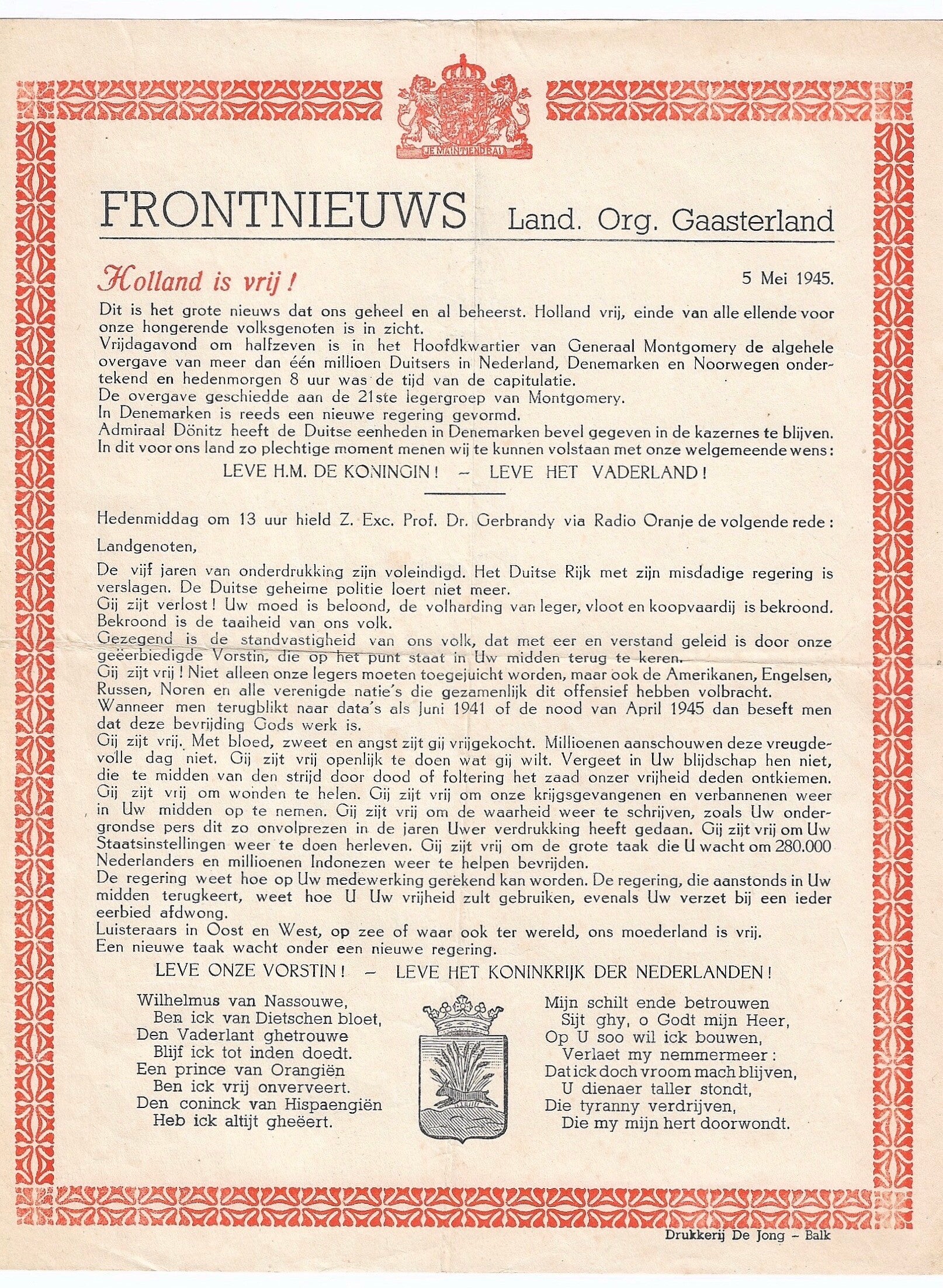 Dutch document "Front News" Gaasterland 5 May 1945