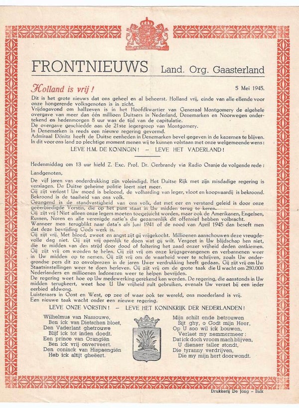 Dutch document "Front News" Gaasterland 5 May 1945