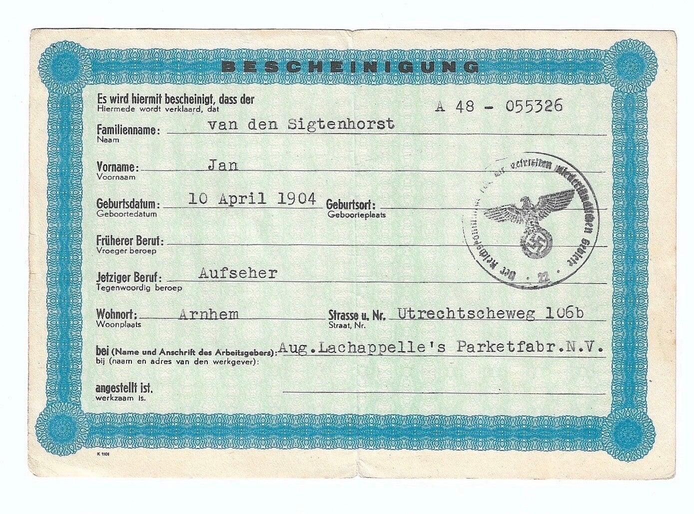 Dutch Ausweis registration certificate for the Arbeitseinsatz Arnhem