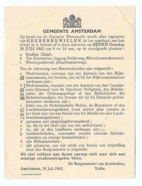 Dutch document regarding the requisition of bicycles