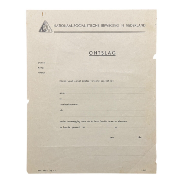 Dutch 'NSB' document 'Ontslag"