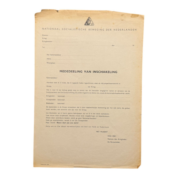 Dutch 'NSB' document 'Mededeling van inschakeling'