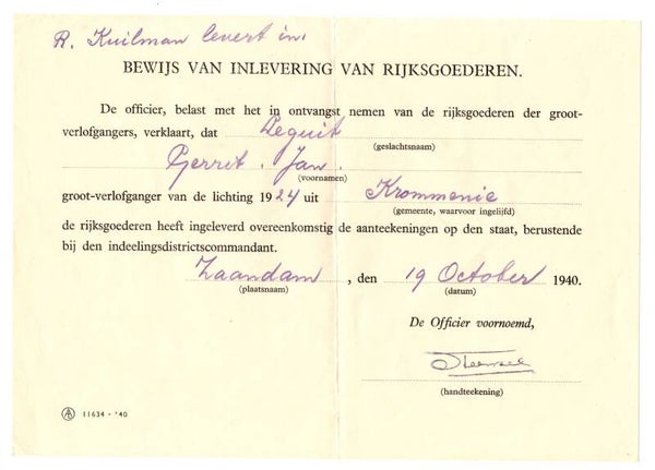 Dutch document "Bewijs van inlevering van Rijksgoederen" Zaandam 1940