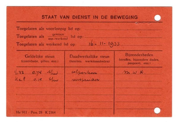 Dutch NSB document 'Staat van dienst in de beweging' 1933