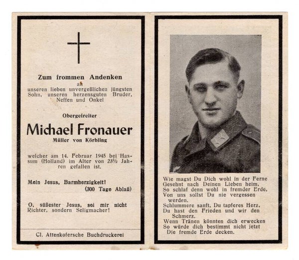 German memorial card Michael Fronauer, Ysselstein 1945
