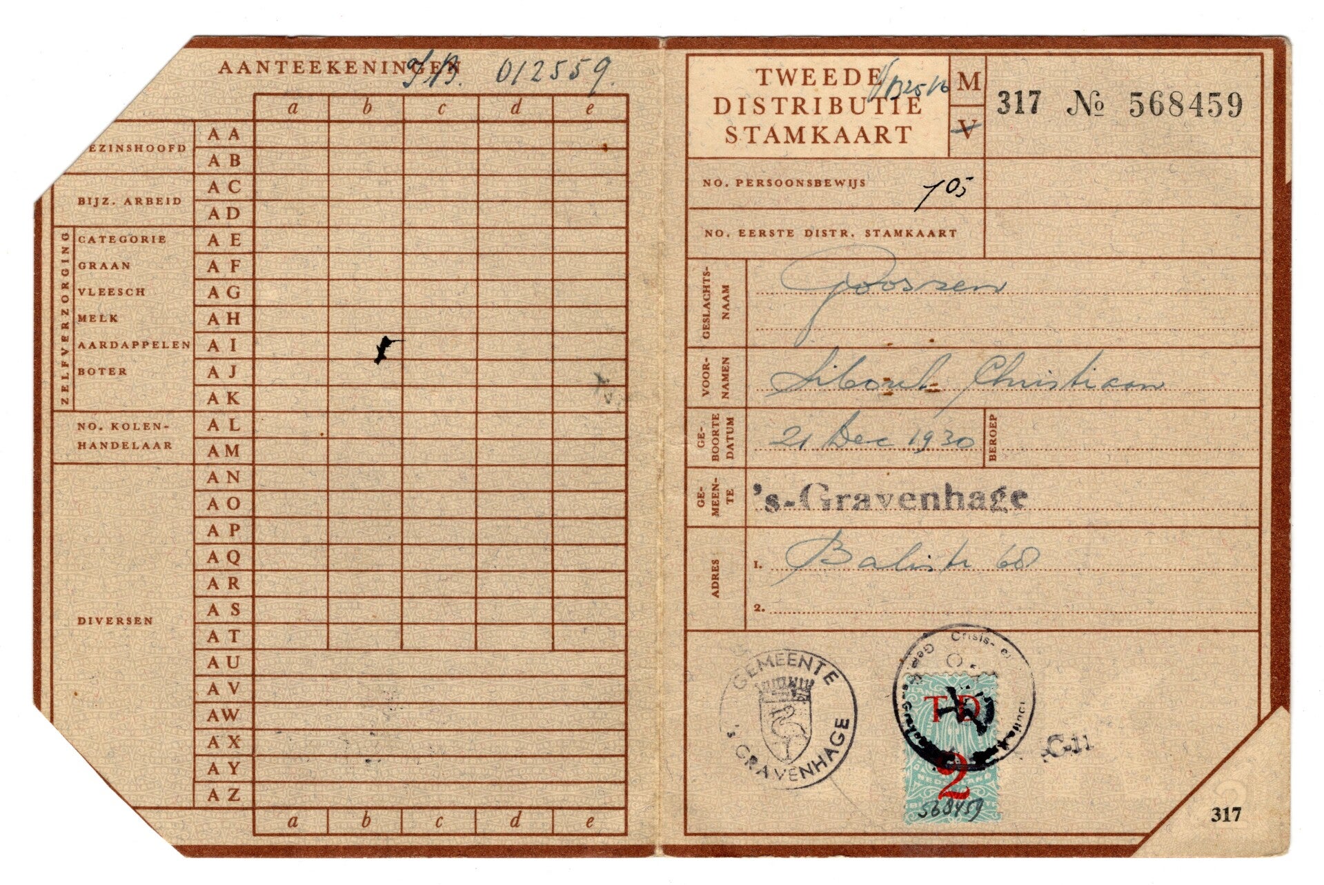 Dutch personal card from Den Haag