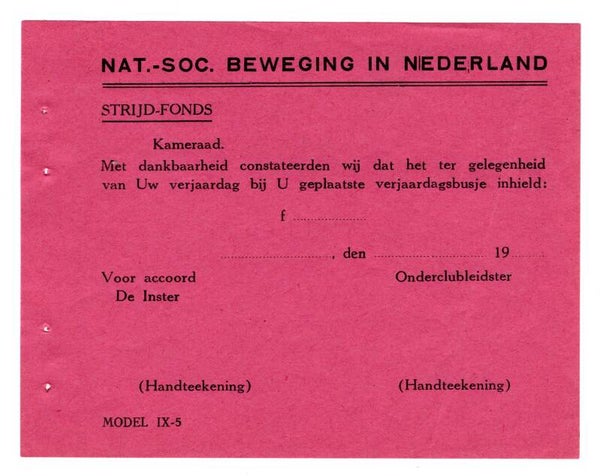 Dutch NSB document, Strijd-Fonds Verjaardagsbusje