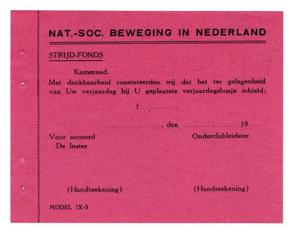 Dutch NSB document, Strijd-Fonds Verjaardagsbusje