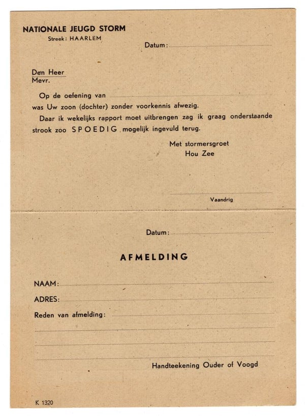 Dutch Discharge document Nationale Jeugdstorm Haarlem blank
