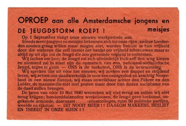 Dutch document 'De Jeugdstorm roept!' Amsterdam