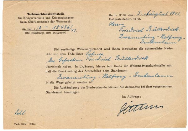 German 'Wehrmachtauskunftstelle' document Zwanenburg 1943