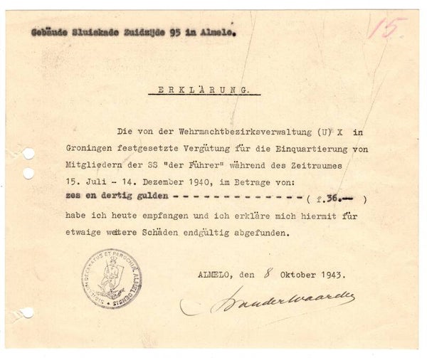Dutch document for billeting SS Regiment "Der Führer" Almelo 1943