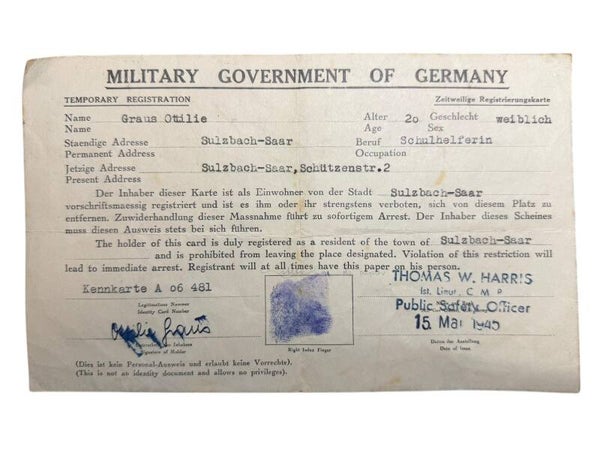 Duitse 'Temporary Registration' 1945