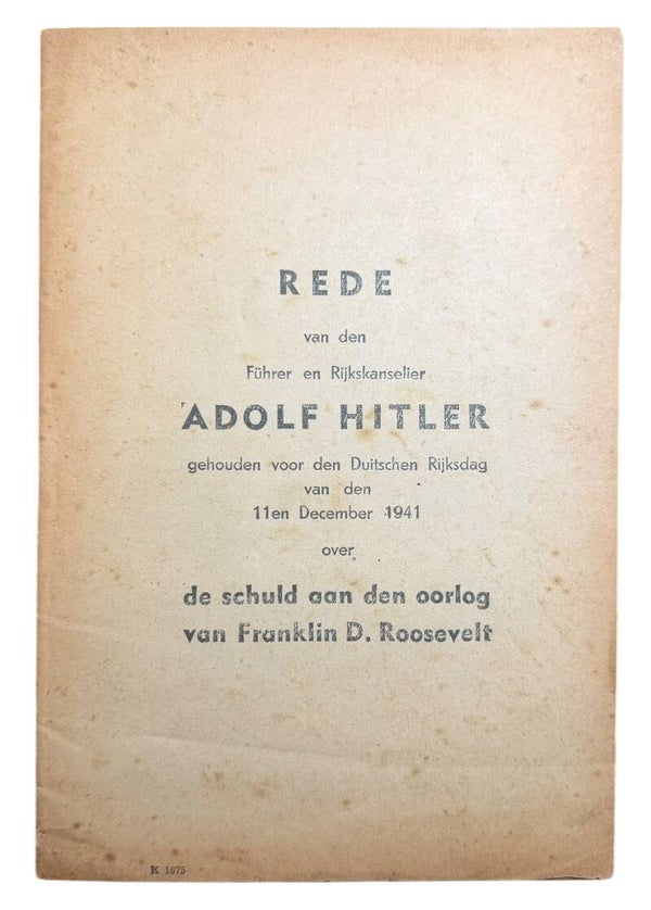 Dutch brochure 'Rede van Führer Adolf Hitler' blaming Franklin Roosevelt