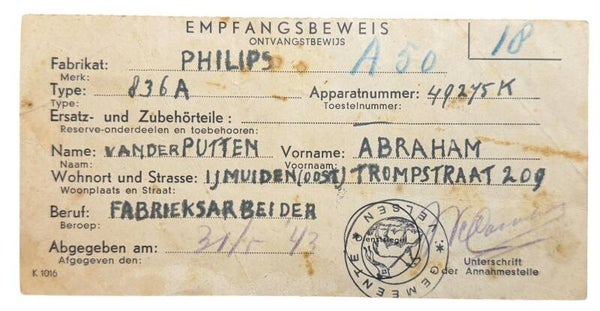 Dutch “Empfangsbewijs” radio from Velsen 1943