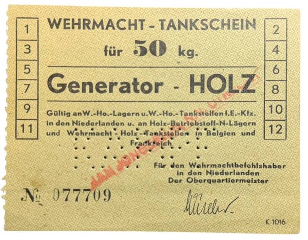 Dutch “Wehrmacht-Tankschein” document